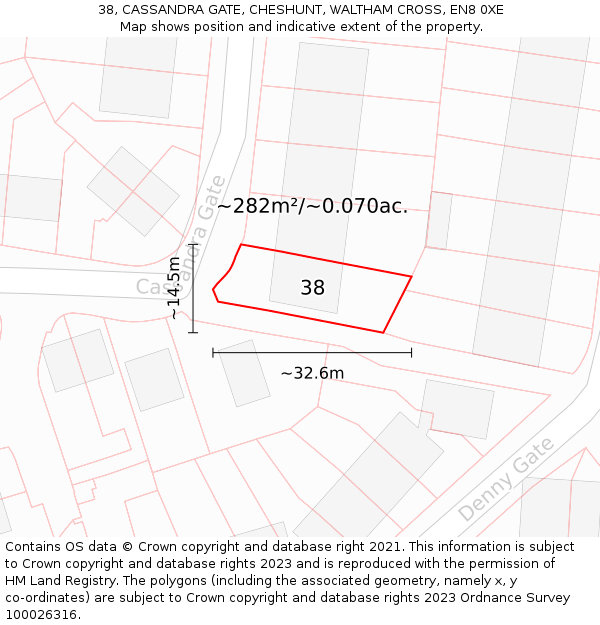 38, CASSANDRA GATE, CHESHUNT, WALTHAM CROSS, EN8 0XE: Plot and title map