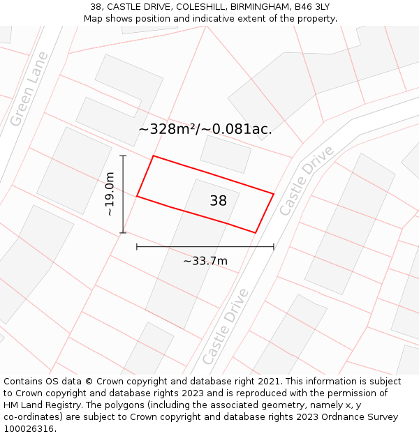 38, CASTLE DRIVE, COLESHILL, BIRMINGHAM, B46 3LY: Plot and title map
