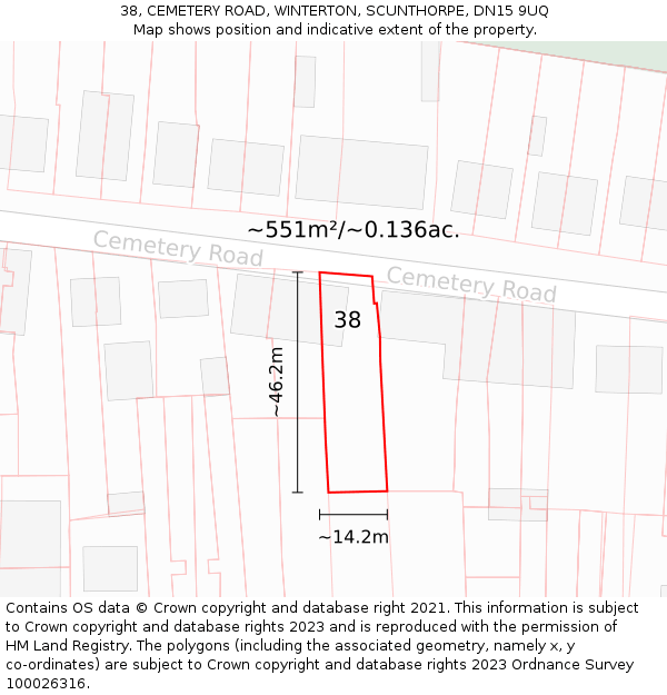 38, CEMETERY ROAD, WINTERTON, SCUNTHORPE, DN15 9UQ: Plot and title map