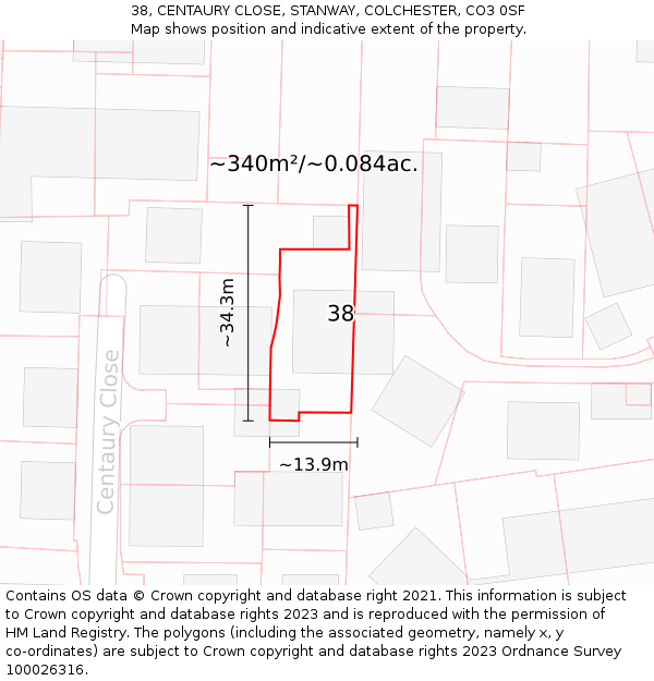 38, CENTAURY CLOSE, STANWAY, COLCHESTER, CO3 0SF: Plot and title map