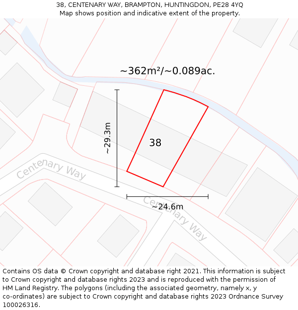 38, CENTENARY WAY, BRAMPTON, HUNTINGDON, PE28 4YQ: Plot and title map