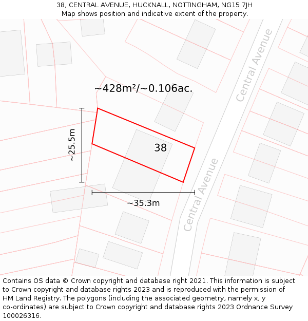 38, CENTRAL AVENUE, HUCKNALL, NOTTINGHAM, NG15 7JH: Plot and title map
