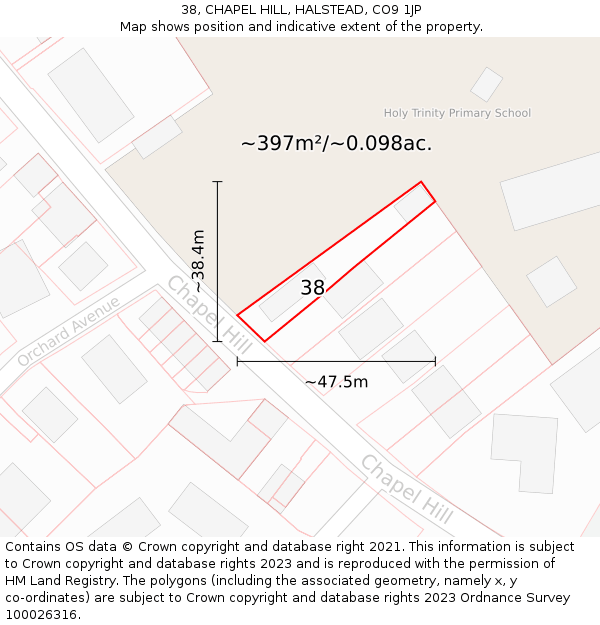 38, CHAPEL HILL, HALSTEAD, CO9 1JP: Plot and title map