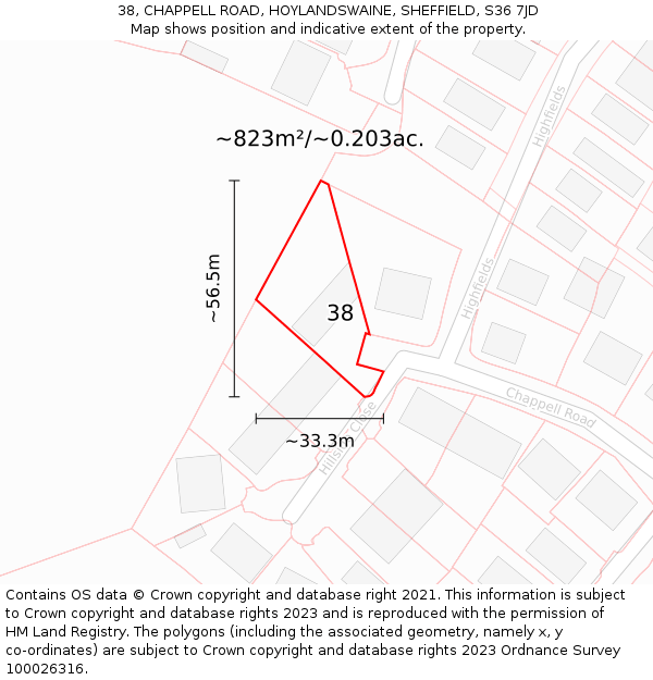 38, CHAPPELL ROAD, HOYLANDSWAINE, SHEFFIELD, S36 7JD: Plot and title map