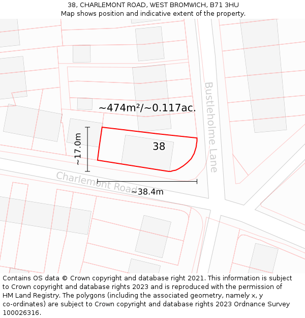 38, CHARLEMONT ROAD, WEST BROMWICH, B71 3HU: Plot and title map