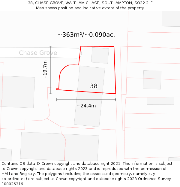 38, CHASE GROVE, WALTHAM CHASE, SOUTHAMPTON, SO32 2LF: Plot and title map