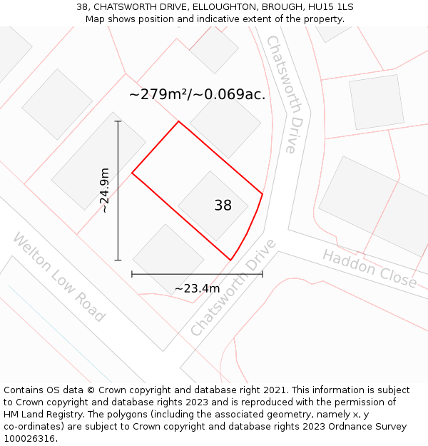 38, CHATSWORTH DRIVE, ELLOUGHTON, BROUGH, HU15 1LS: Plot and title map