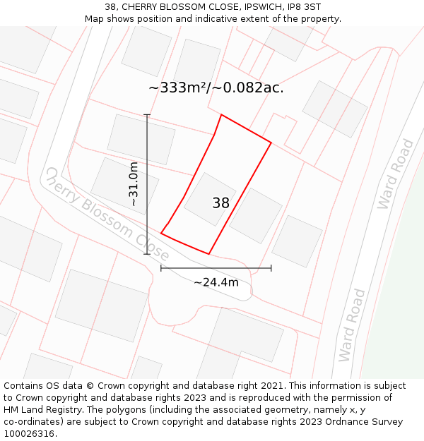 38, CHERRY BLOSSOM CLOSE, IPSWICH, IP8 3ST: Plot and title map