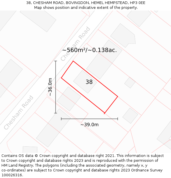 38, CHESHAM ROAD, BOVINGDON, HEMEL HEMPSTEAD, HP3 0EE: Plot and title map