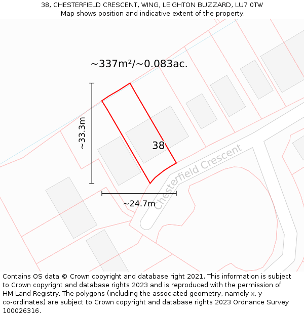 38, CHESTERFIELD CRESCENT, WING, LEIGHTON BUZZARD, LU7 0TW: Plot and title map