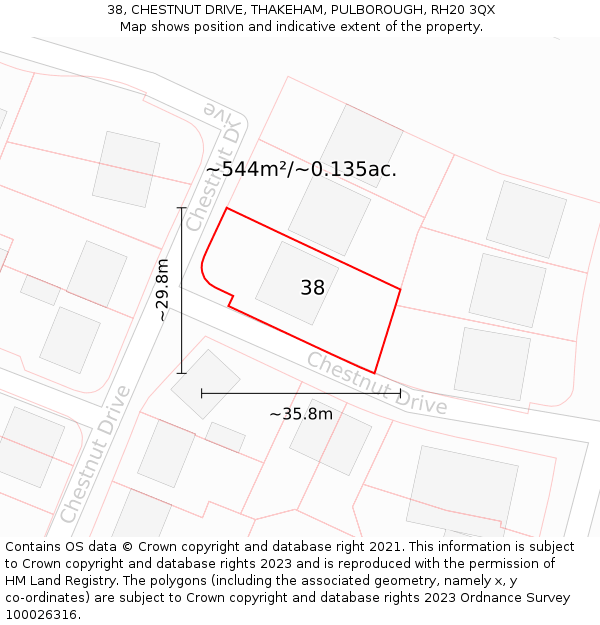 38, CHESTNUT DRIVE, THAKEHAM, PULBOROUGH, RH20 3QX: Plot and title map