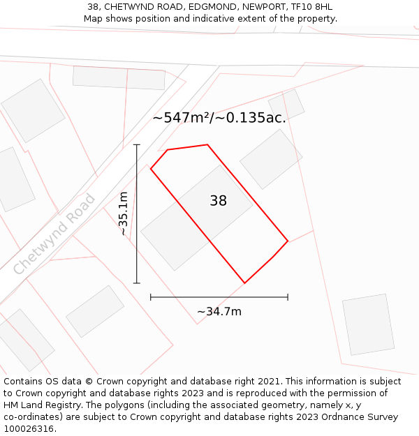 38, CHETWYND ROAD, EDGMOND, NEWPORT, TF10 8HL: Plot and title map