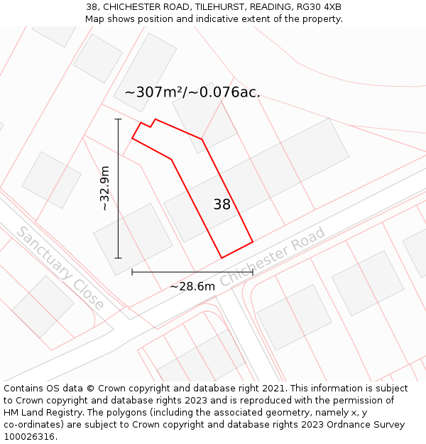 38, CHICHESTER ROAD, TILEHURST, READING, RG30 4XB: Plot and title map