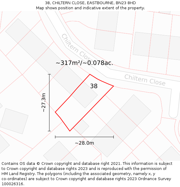 38, CHILTERN CLOSE, EASTBOURNE, BN23 8HD: Plot and title map