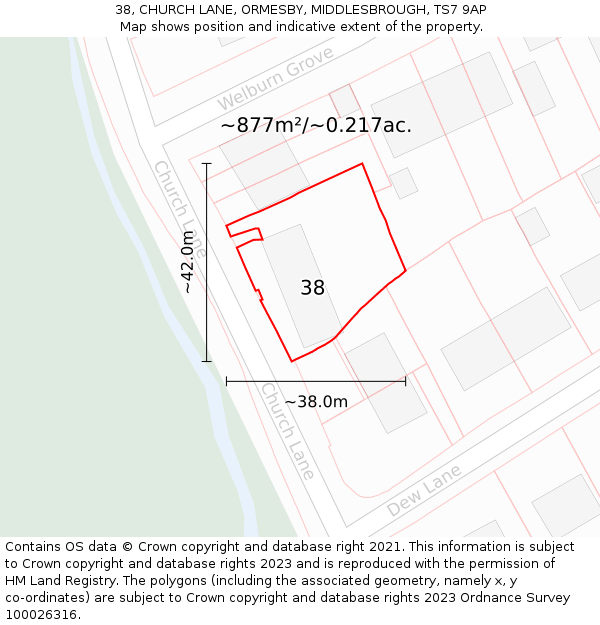 38, CHURCH LANE, ORMESBY, MIDDLESBROUGH, TS7 9AP: Plot and title map