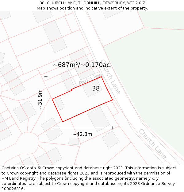 38, CHURCH LANE, THORNHILL, DEWSBURY, WF12 0JZ: Plot and title map