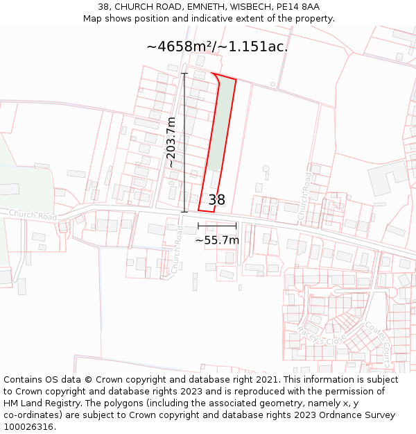 38, CHURCH ROAD, EMNETH, WISBECH, PE14 8AA: Plot and title map