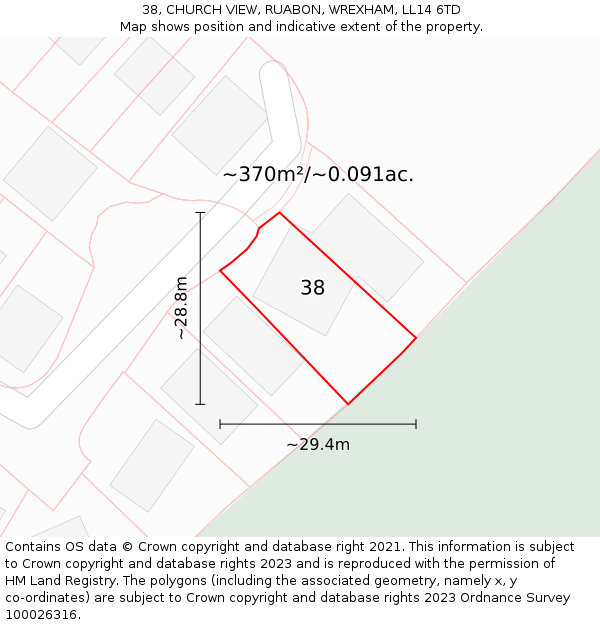 38, CHURCH VIEW, RUABON, WREXHAM, LL14 6TD: Plot and title map