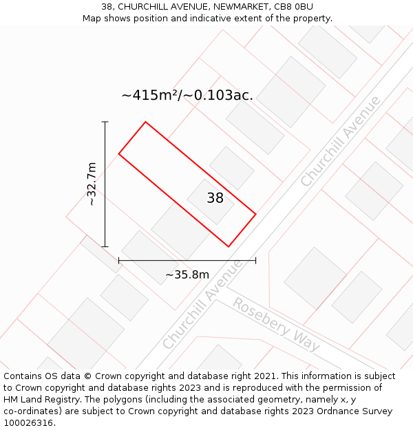 38, CHURCHILL AVENUE, NEWMARKET, CB8 0BU: Plot and title map