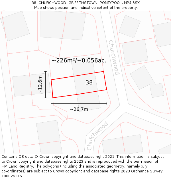 38, CHURCHWOOD, GRIFFITHSTOWN, PONTYPOOL, NP4 5SX: Plot and title map