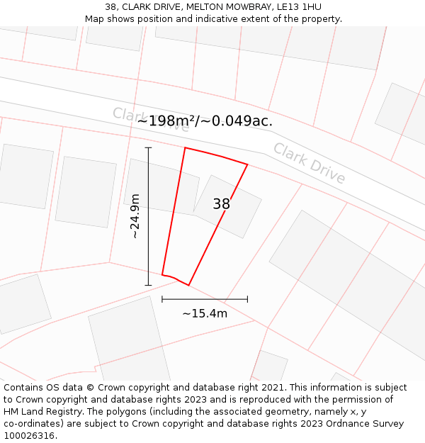 38, CLARK DRIVE, MELTON MOWBRAY, LE13 1HU: Plot and title map