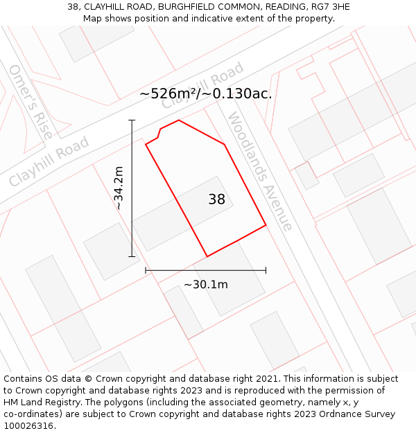 38, CLAYHILL ROAD, BURGHFIELD COMMON, READING, RG7 3HE: Plot and title map