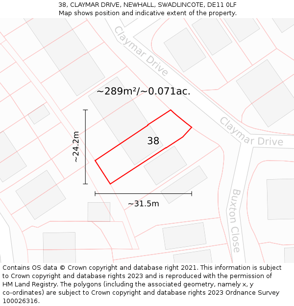 38, CLAYMAR DRIVE, NEWHALL, SWADLINCOTE, DE11 0LF: Plot and title map