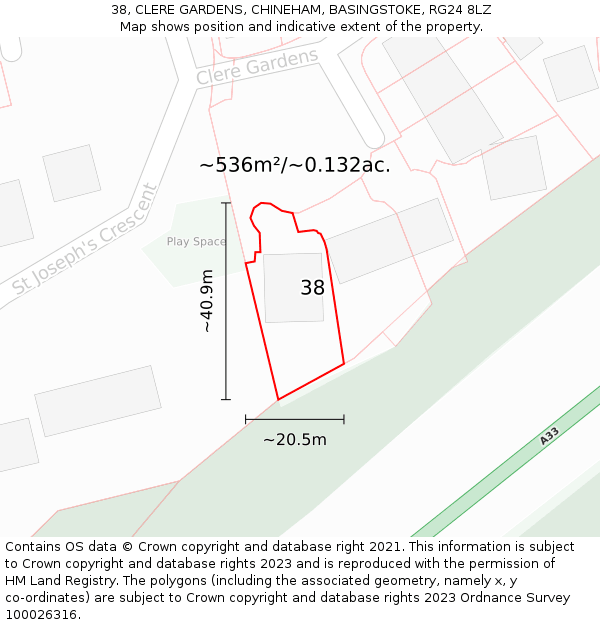 38, CLERE GARDENS, CHINEHAM, BASINGSTOKE, RG24 8LZ: Plot and title map