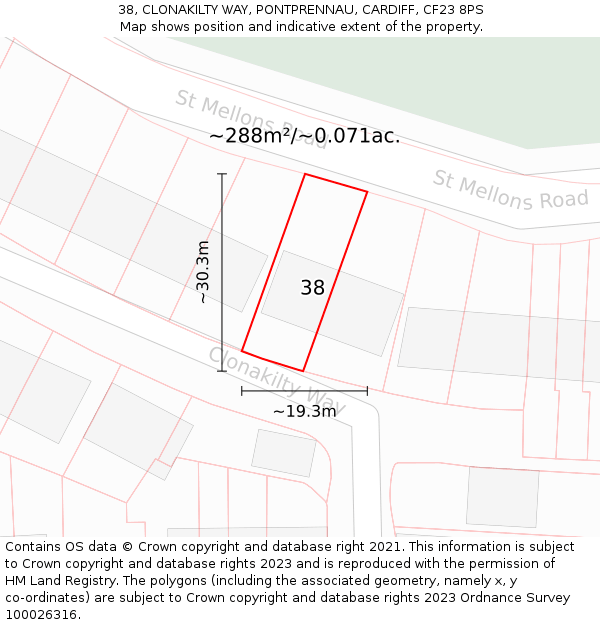 38, CLONAKILTY WAY, PONTPRENNAU, CARDIFF, CF23 8PS: Plot and title map