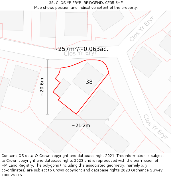 38, CLOS YR ERYR, BRIDGEND, CF35 6HE: Plot and title map
