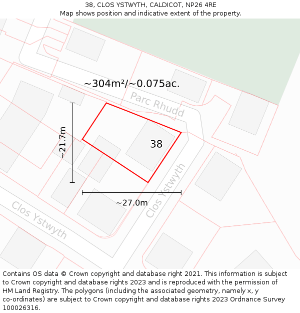 38, CLOS YSTWYTH, CALDICOT, NP26 4RE: Plot and title map
