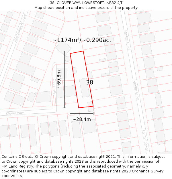 38, CLOVER WAY, LOWESTOFT, NR32 4JT: Plot and title map