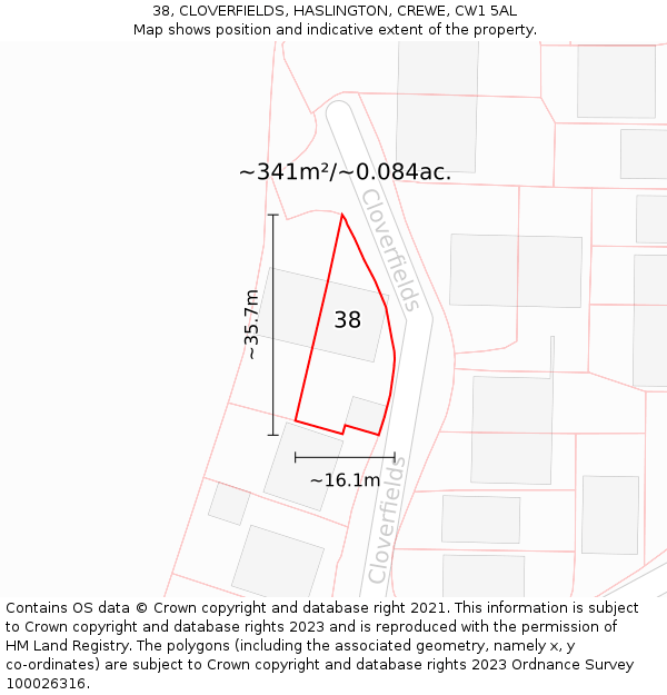 38, CLOVERFIELDS, HASLINGTON, CREWE, CW1 5AL: Plot and title map