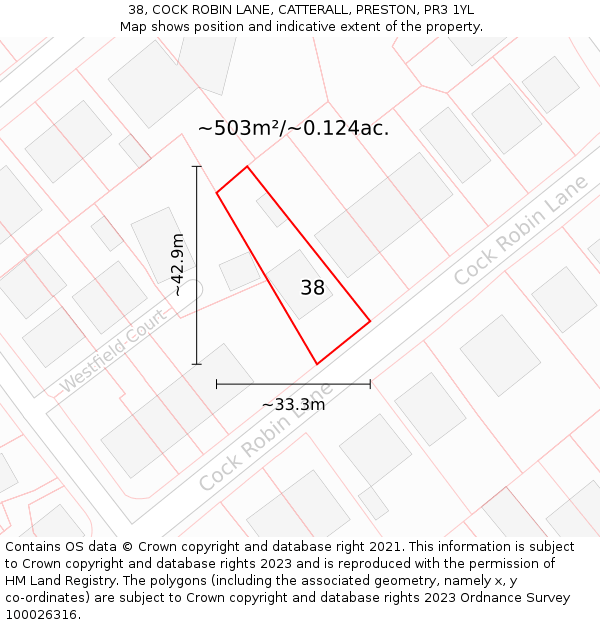 38, COCK ROBIN LANE, CATTERALL, PRESTON, PR3 1YL: Plot and title map
