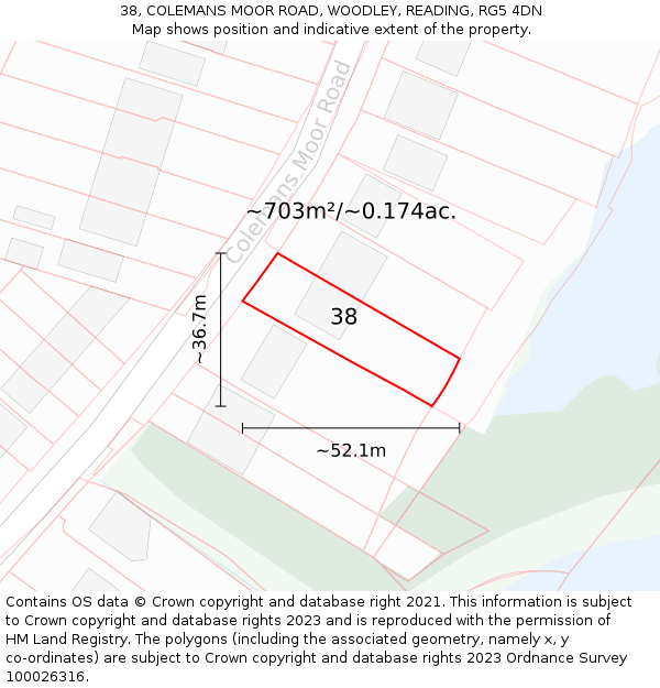 38, COLEMANS MOOR ROAD, WOODLEY, READING, RG5 4DN: Plot and title map