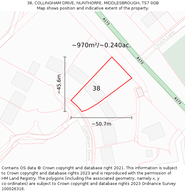 38, COLLINGHAM DRIVE, NUNTHORPE, MIDDLESBROUGH, TS7 0GB: Plot and title map