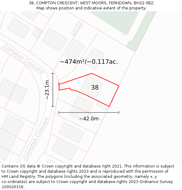 38, COMPTON CRESCENT, WEST MOORS, FERNDOWN, BH22 0BZ: Plot and title map