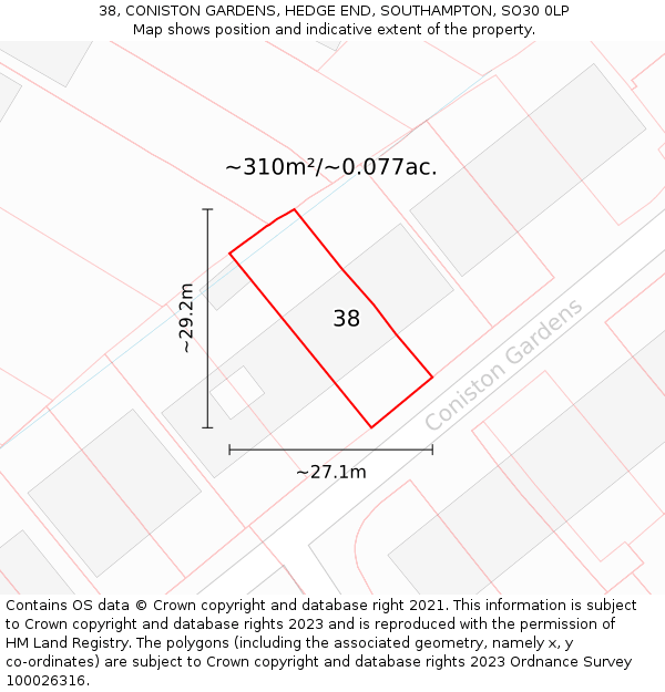 38, CONISTON GARDENS, HEDGE END, SOUTHAMPTON, SO30 0LP: Plot and title map