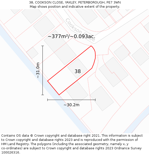38, COOKSON CLOSE, YAXLEY, PETERBOROUGH, PE7 3WN: Plot and title map
