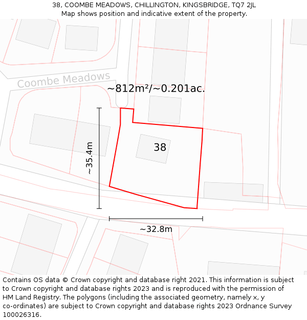 38, COOMBE MEADOWS, CHILLINGTON, KINGSBRIDGE, TQ7 2JL: Plot and title map