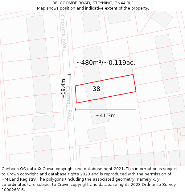 38, COOMBE ROAD, STEYNING, BN44 3LF: Plot and title map