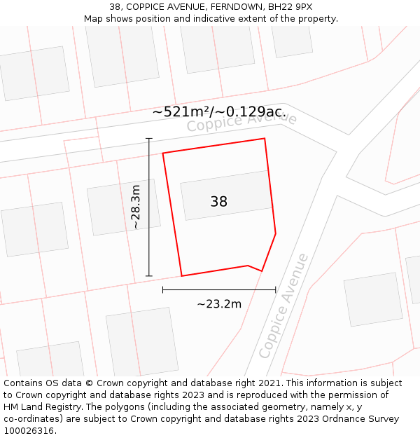 38, COPPICE AVENUE, FERNDOWN, BH22 9PX: Plot and title map