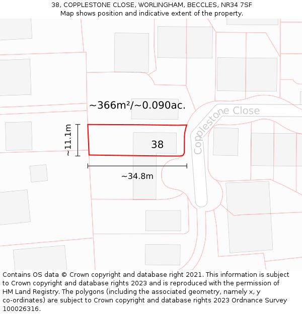 38, COPPLESTONE CLOSE, WORLINGHAM, BECCLES, NR34 7SF: Plot and title map