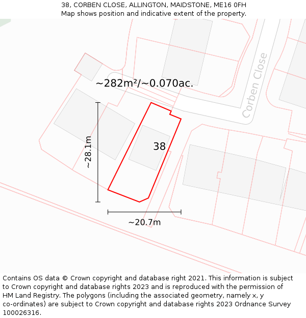 38, CORBEN CLOSE, ALLINGTON, MAIDSTONE, ME16 0FH: Plot and title map