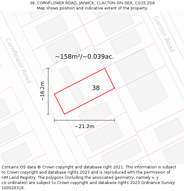 38, CORNFLOWER ROAD, JAYWICK, CLACTON-ON-SEA, CO15 2SA: Plot and title map