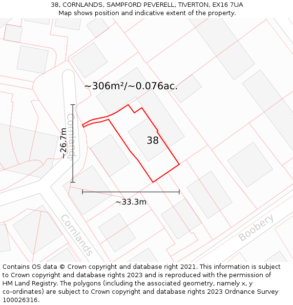 38, CORNLANDS, SAMPFORD PEVERELL, TIVERTON, EX16 7UA: Plot and title map