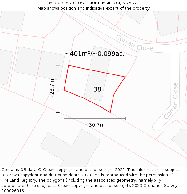 38, CORRAN CLOSE, NORTHAMPTON, NN5 7AL: Plot and title map