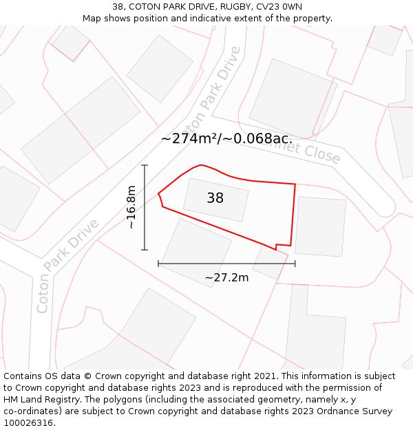 38, COTON PARK DRIVE, RUGBY, CV23 0WN: Plot and title map