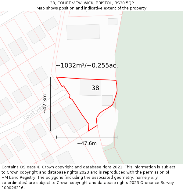 38, COURT VIEW, WICK, BRISTOL, BS30 5QP: Plot and title map