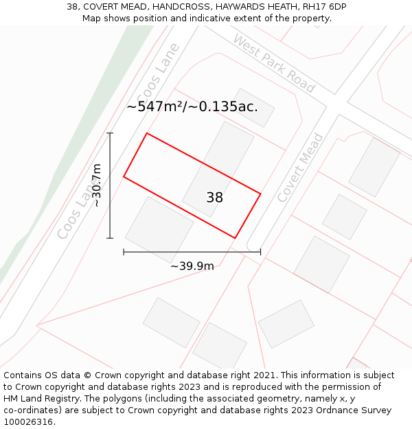 38, COVERT MEAD, HANDCROSS, HAYWARDS HEATH, RH17 6DP: Plot and title map
